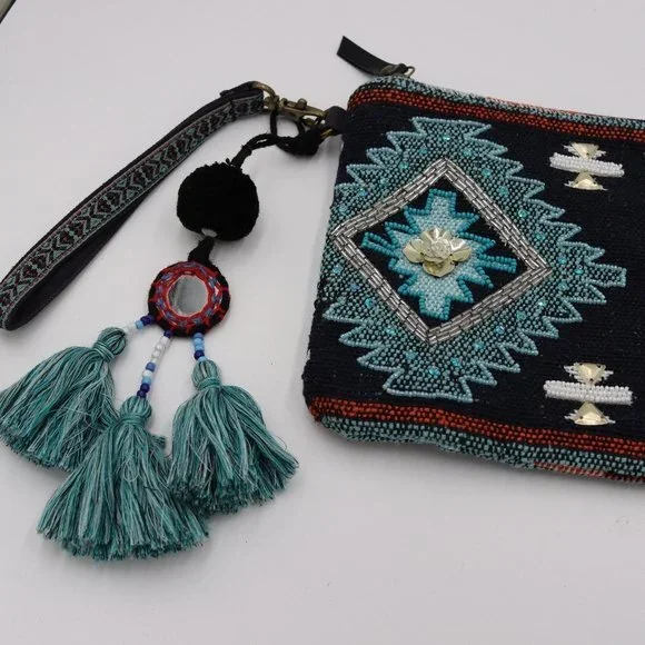 Steven Seed Beaded Bohemian Latken Cowrie Tassel Clutch Bag Blue Zippered Bag - Picture 14 of 15